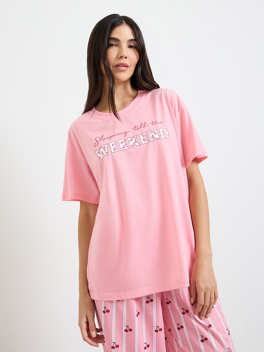 Pink Weekend Graphic Drop Shoulder T-Shirt and Pyjama Set