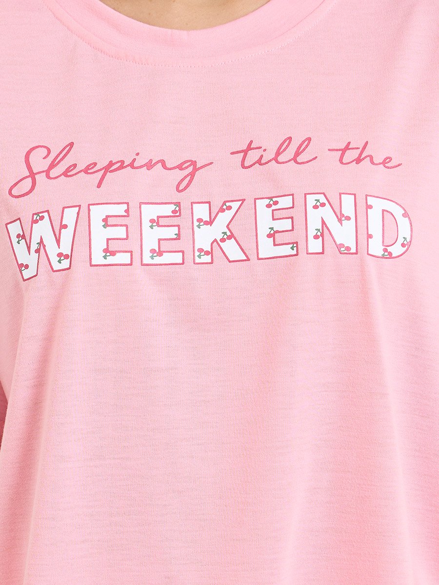 Pink Weekend Graphic Drop Shoulder T-Shirt and Pyjama Set