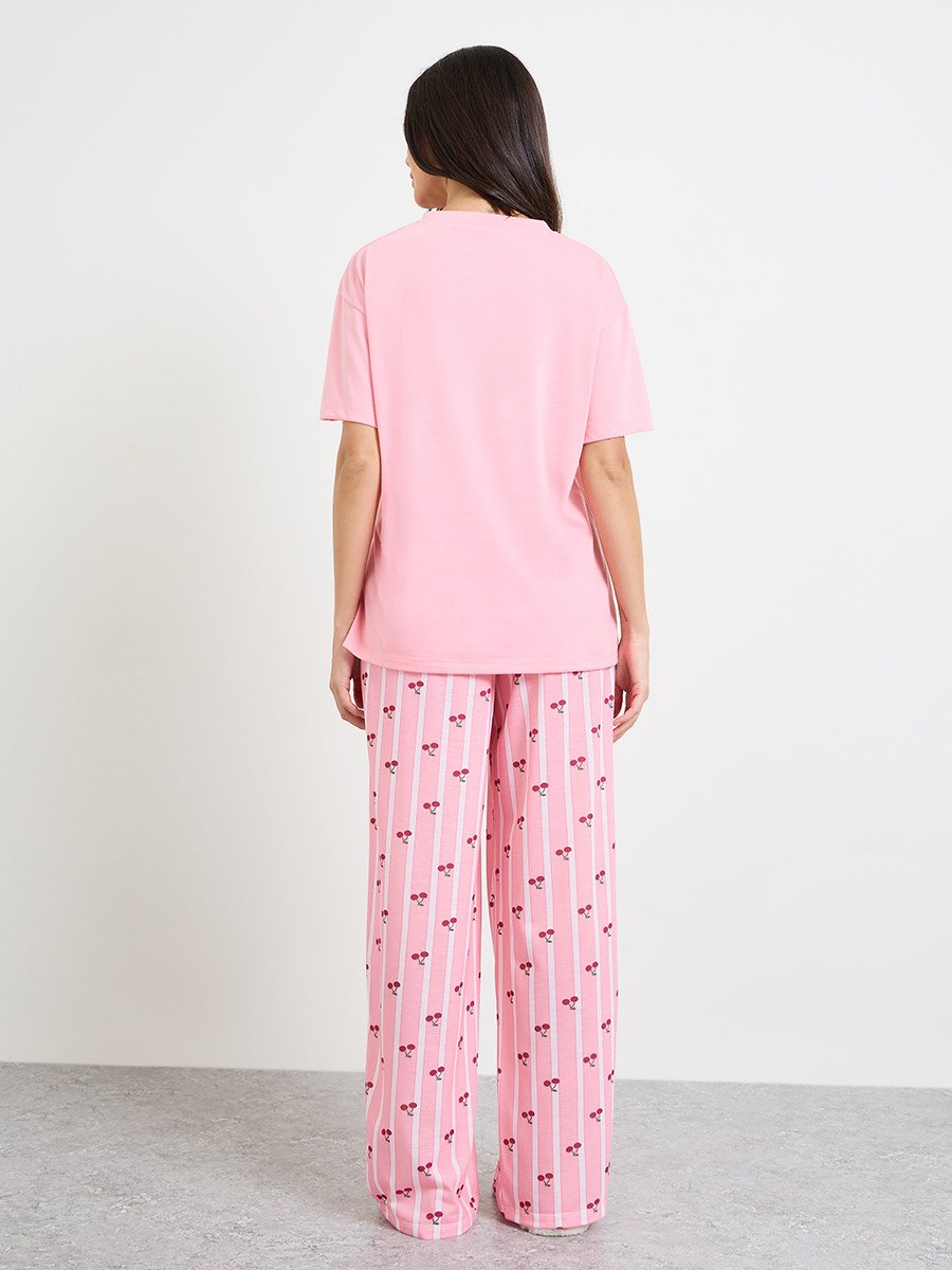 Pink Weekend Graphic Drop Shoulder T-Shirt and Pyjama Set