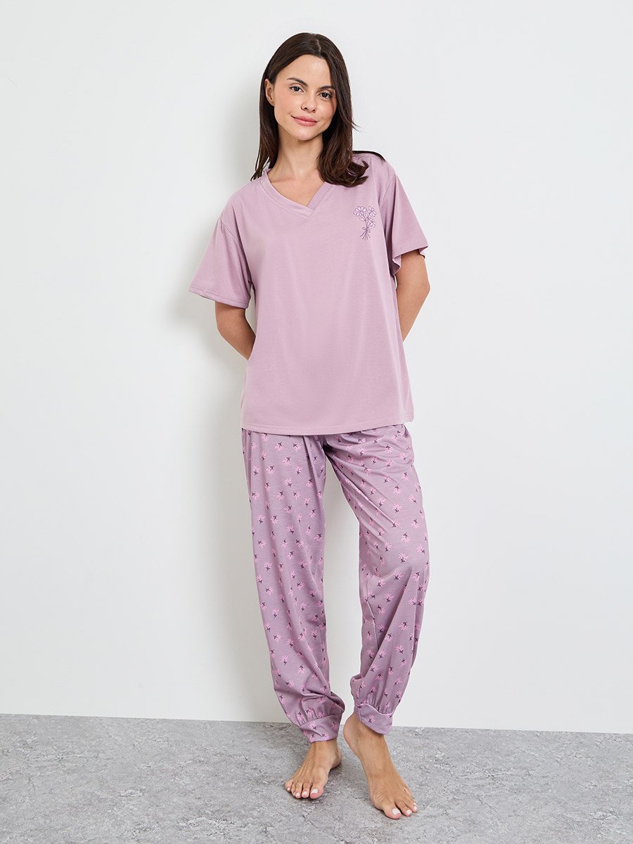 Purple V Neck Drop Shoulder T-Shirt and Cuffed Pyjama Set