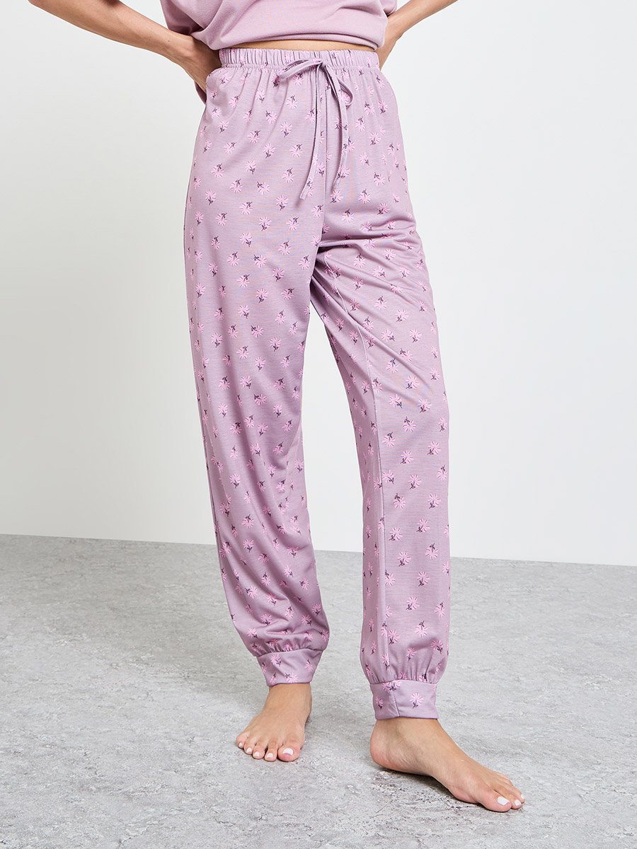 Purple V Neck Drop Shoulder T-Shirt and Cuffed Pyjama Set