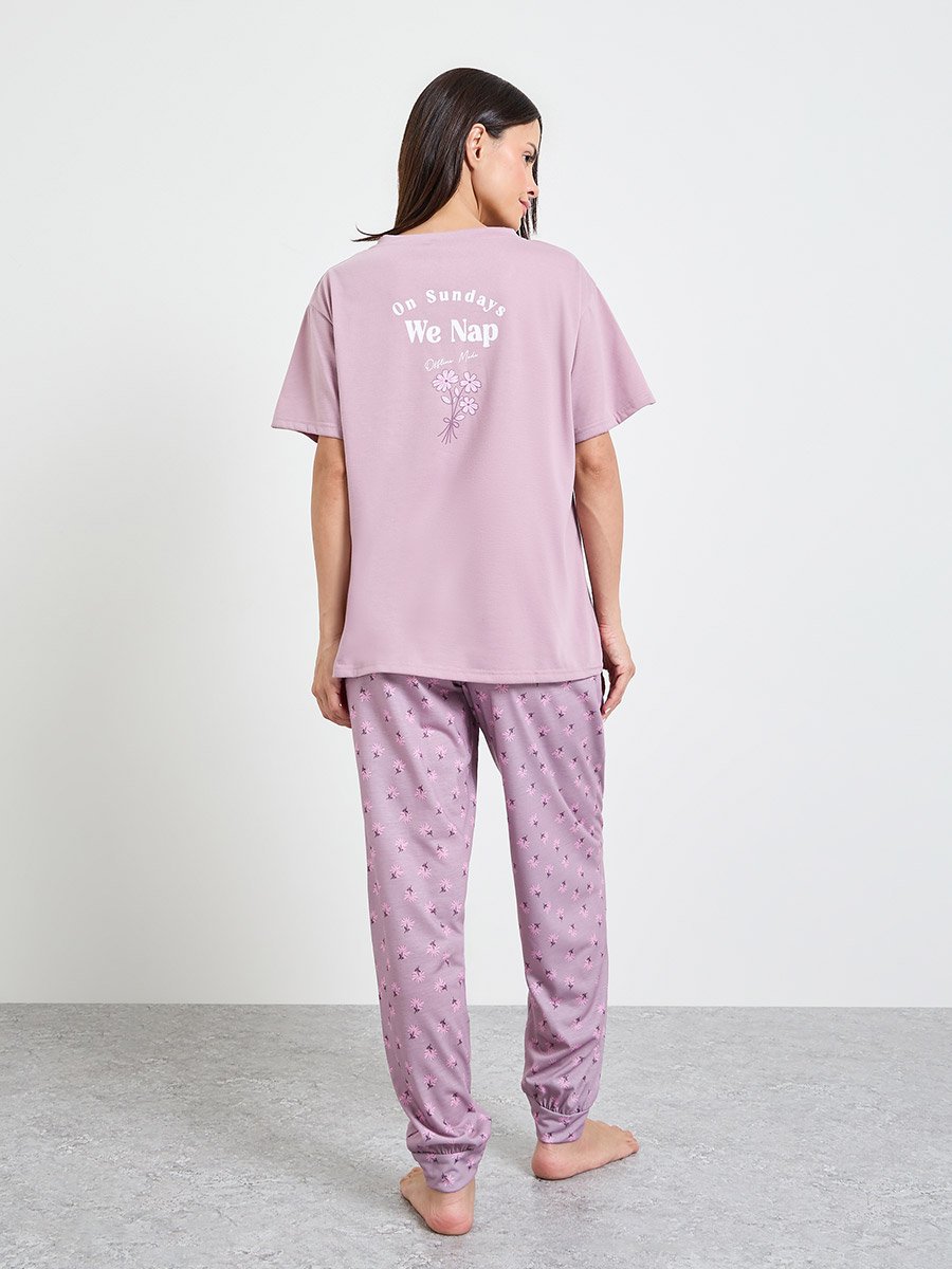 Purple V Neck Drop Shoulder T-Shirt and Cuffed Pyjama Set