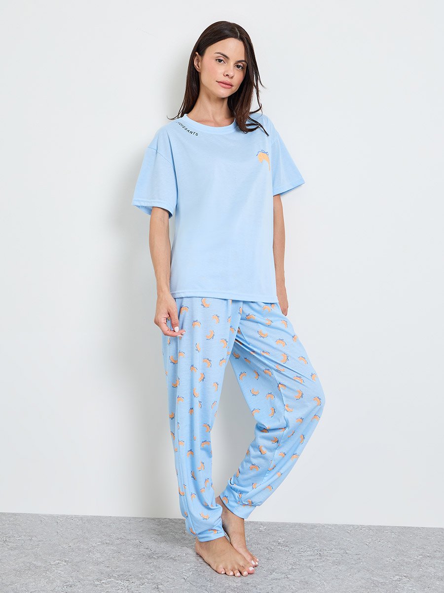 Blue Croissant Bow Graphic T-Shirt and Cuffed Pyjama Set