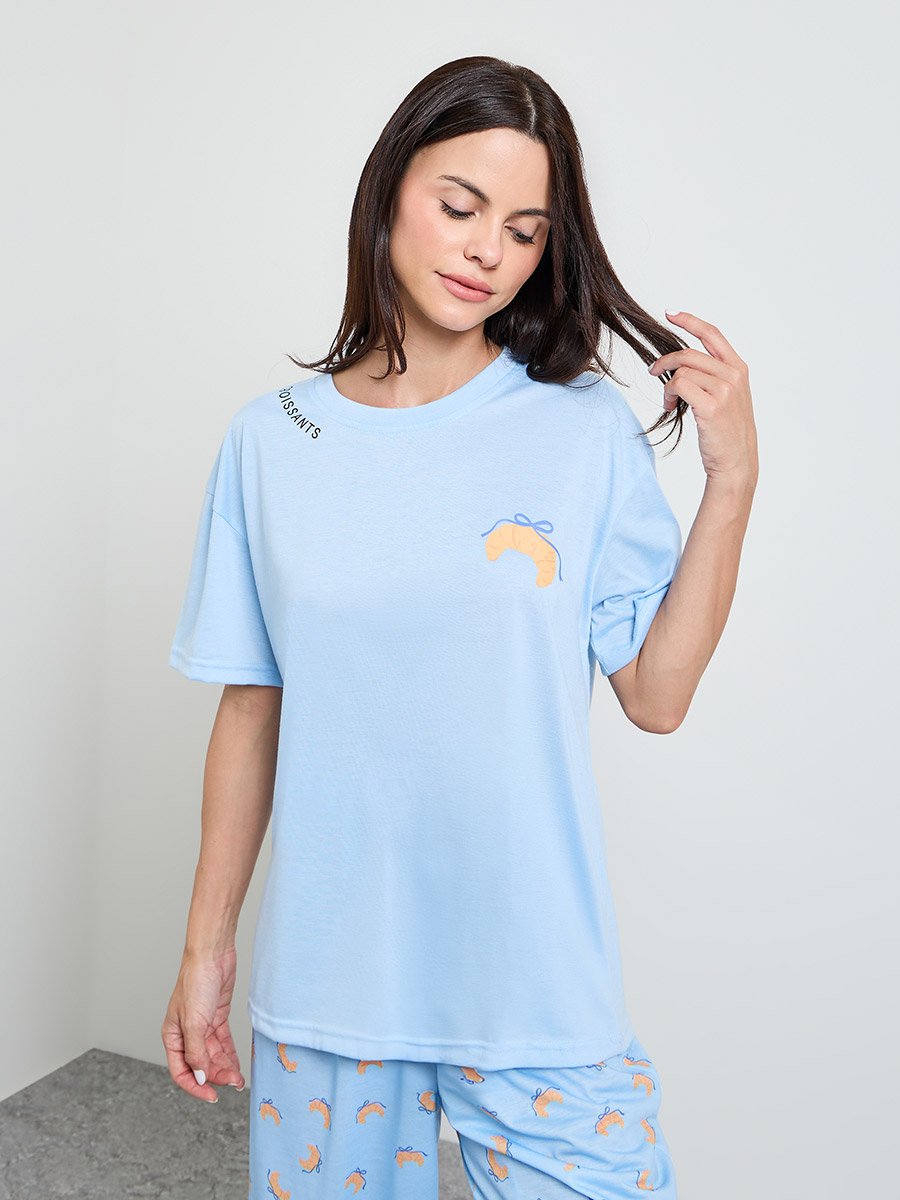 Blue Croissant Bow Graphic T-Shirt and Cuffed Pyjama Set