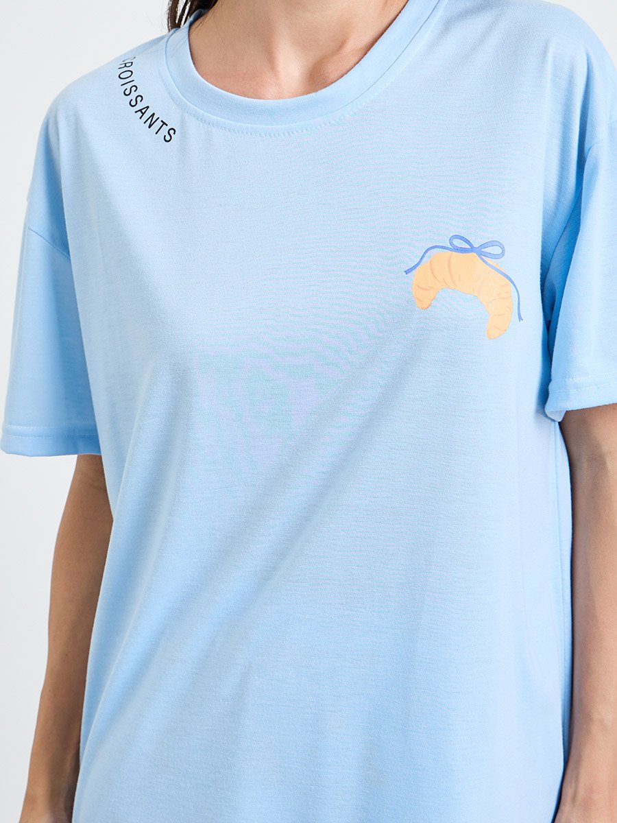 Blue Croissant Bow Graphic T-Shirt and Cuffed Pyjama Set