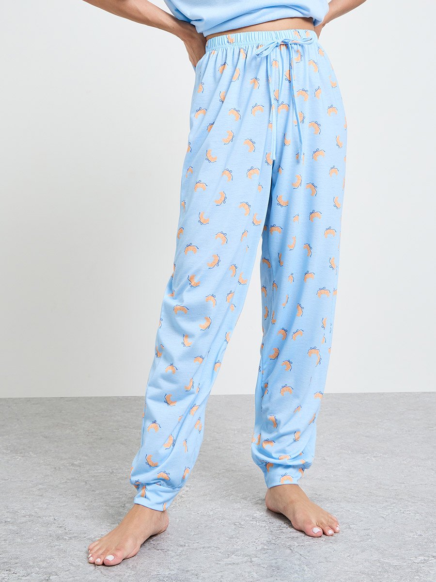 Blue Croissant Bow Graphic T-Shirt and Cuffed Pyjama Set