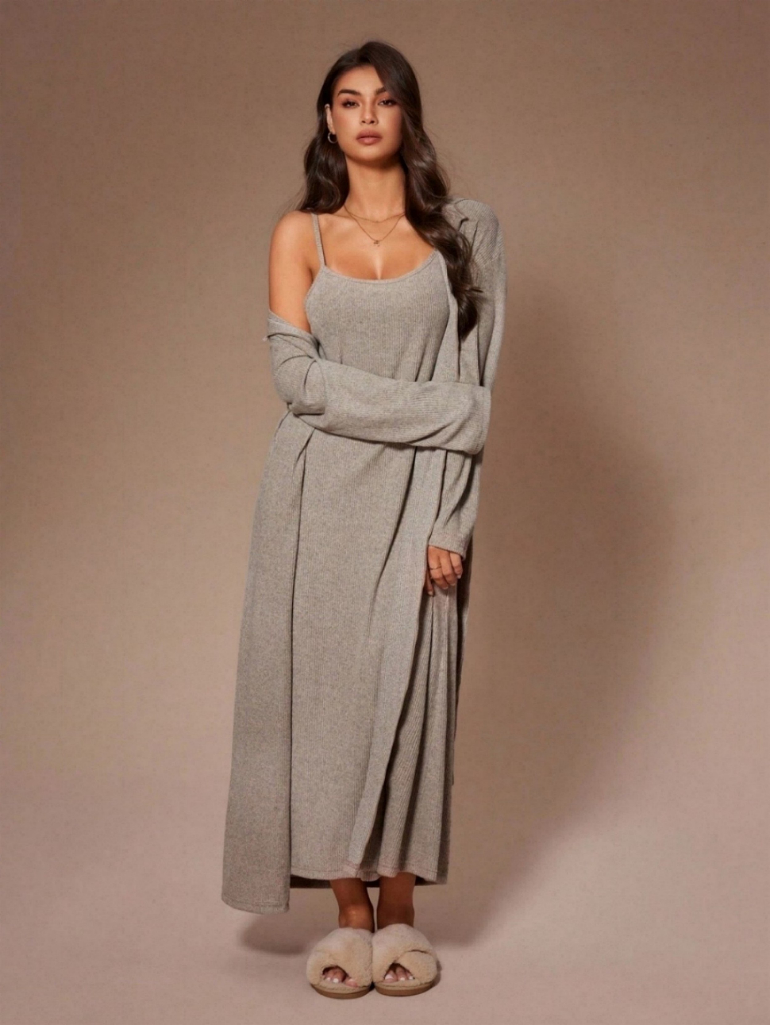 Khaki Solid Strappy Nightdress and Tie-Up Waist Robe Set