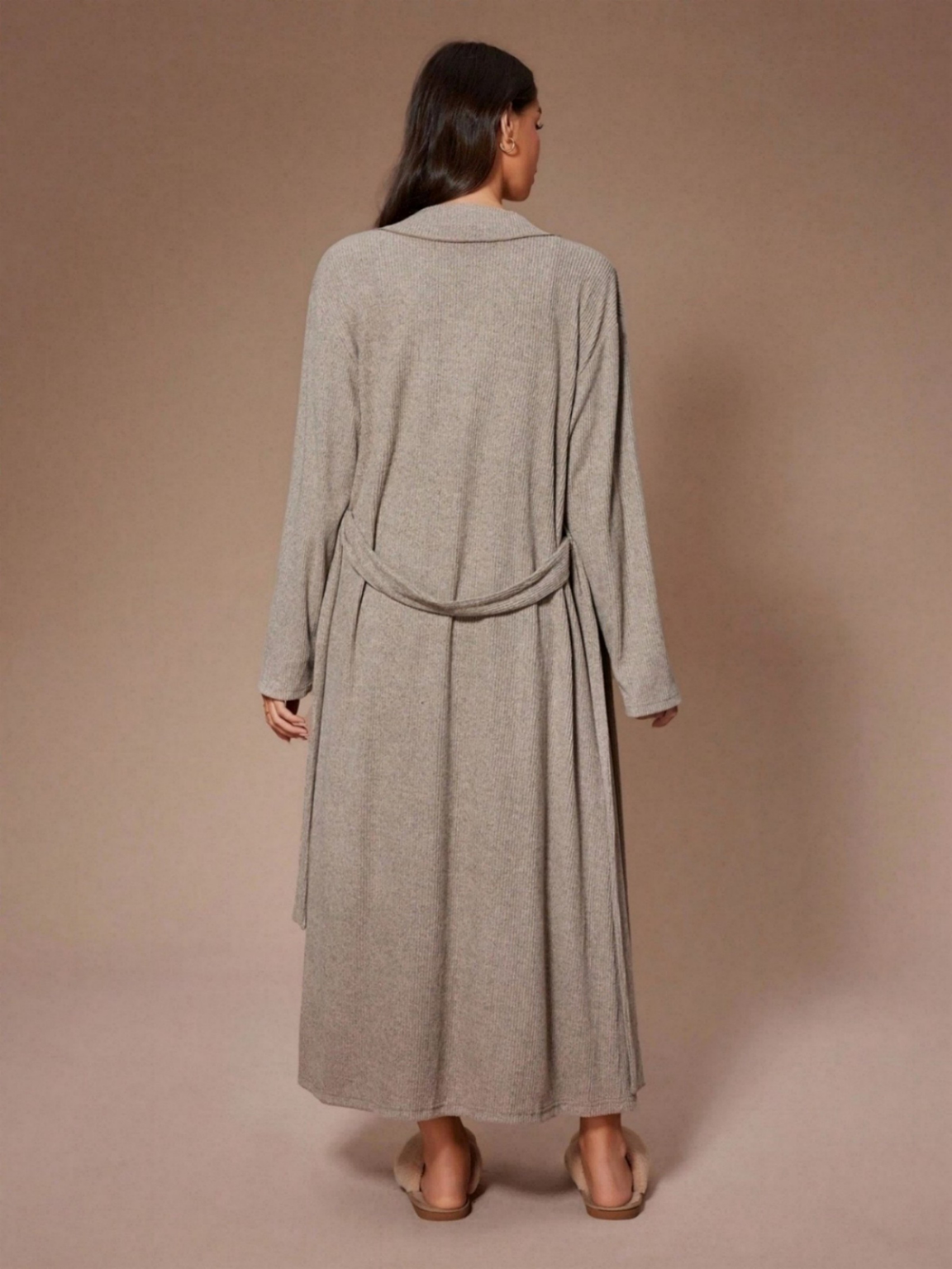 Khaki Solid Strappy Nightdress and Tie-Up Waist Robe Set