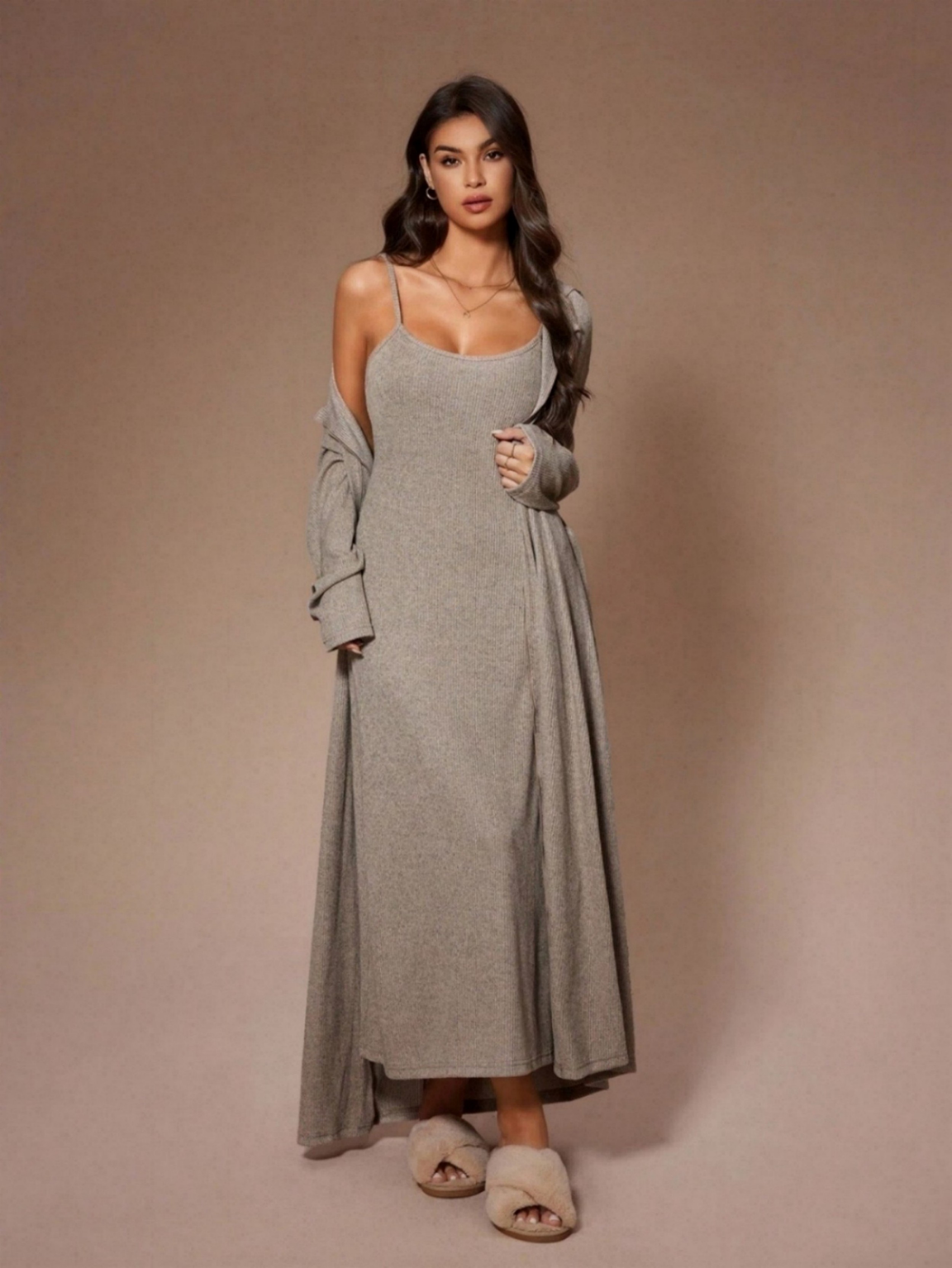Khaki Solid Strappy Nightdress and Tie-Up Waist Robe Set