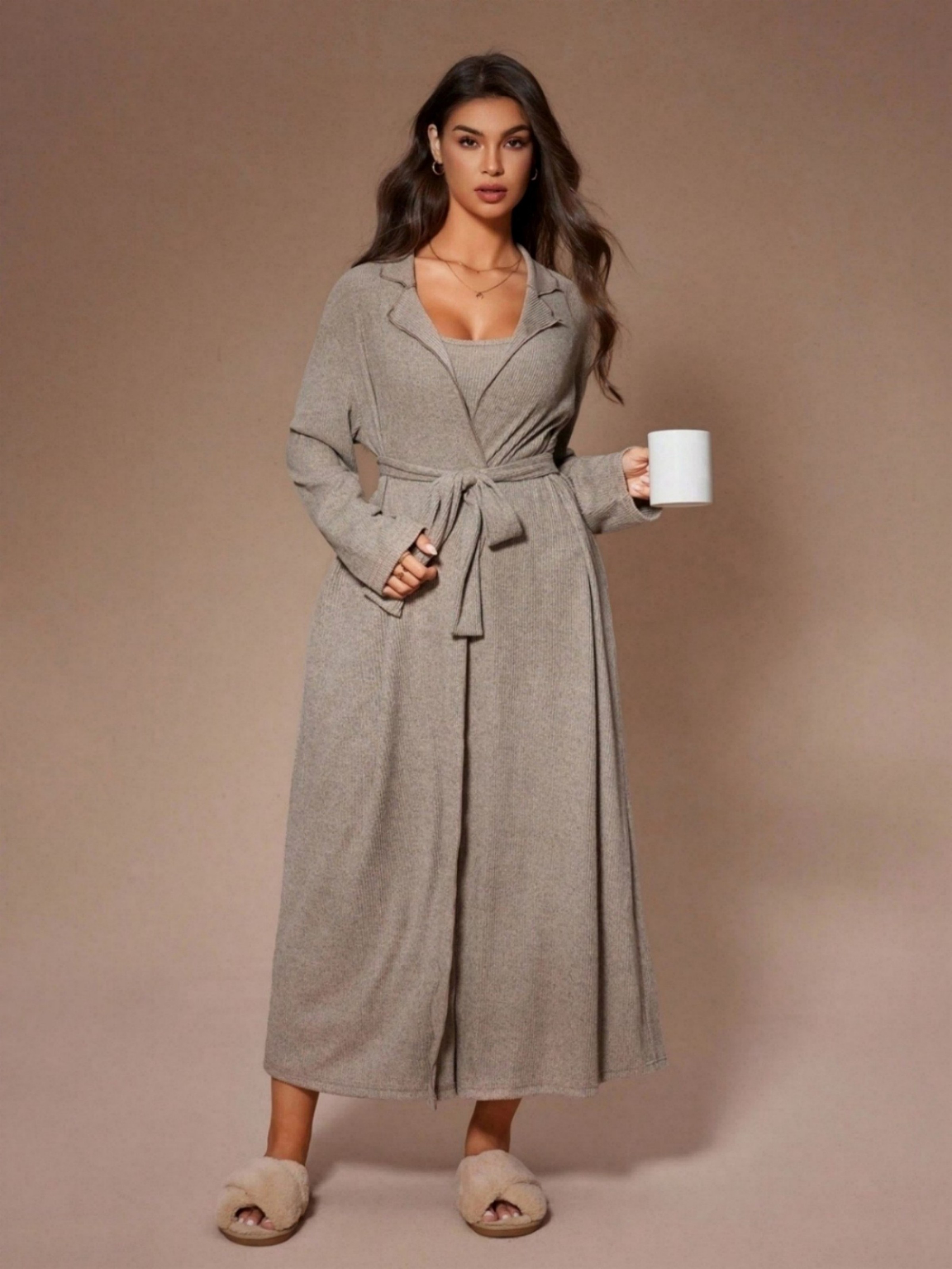 Khaki Solid Strappy Nightdress and Tie-Up Waist Robe Set