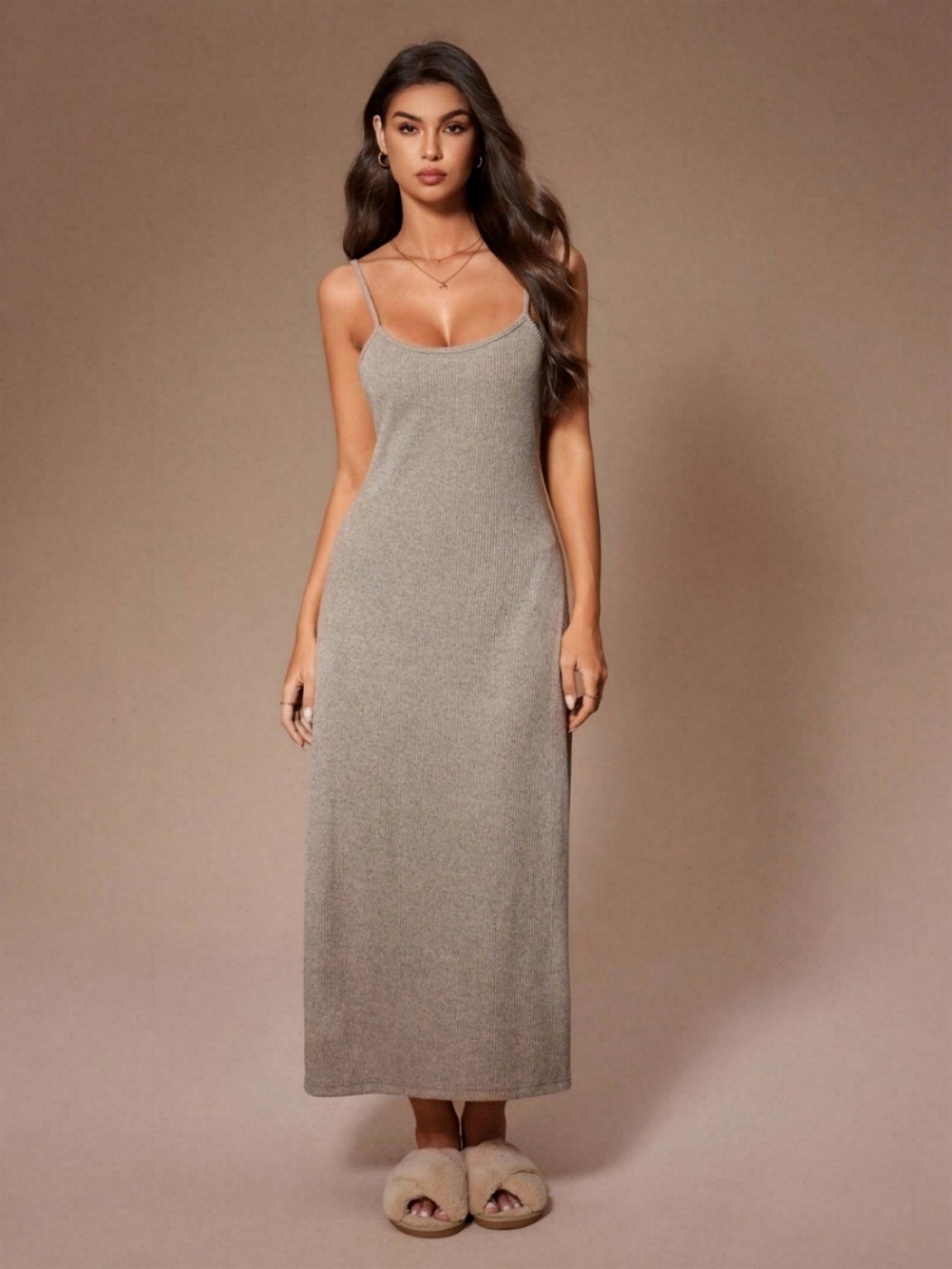 Khaki Solid Strappy Nightdress and Tie-Up Waist Robe Set