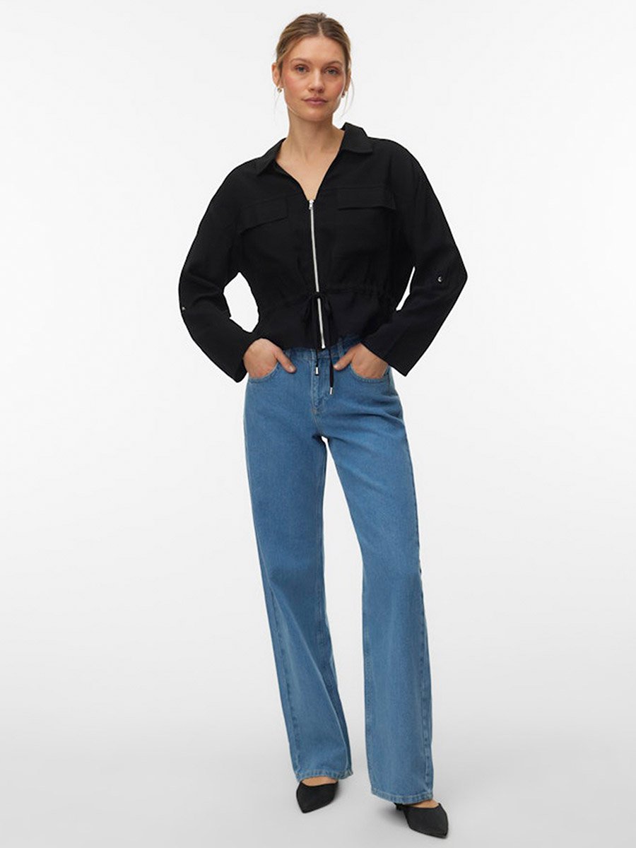 Black Katie Solid Long Sleeves Zip Up Shirt