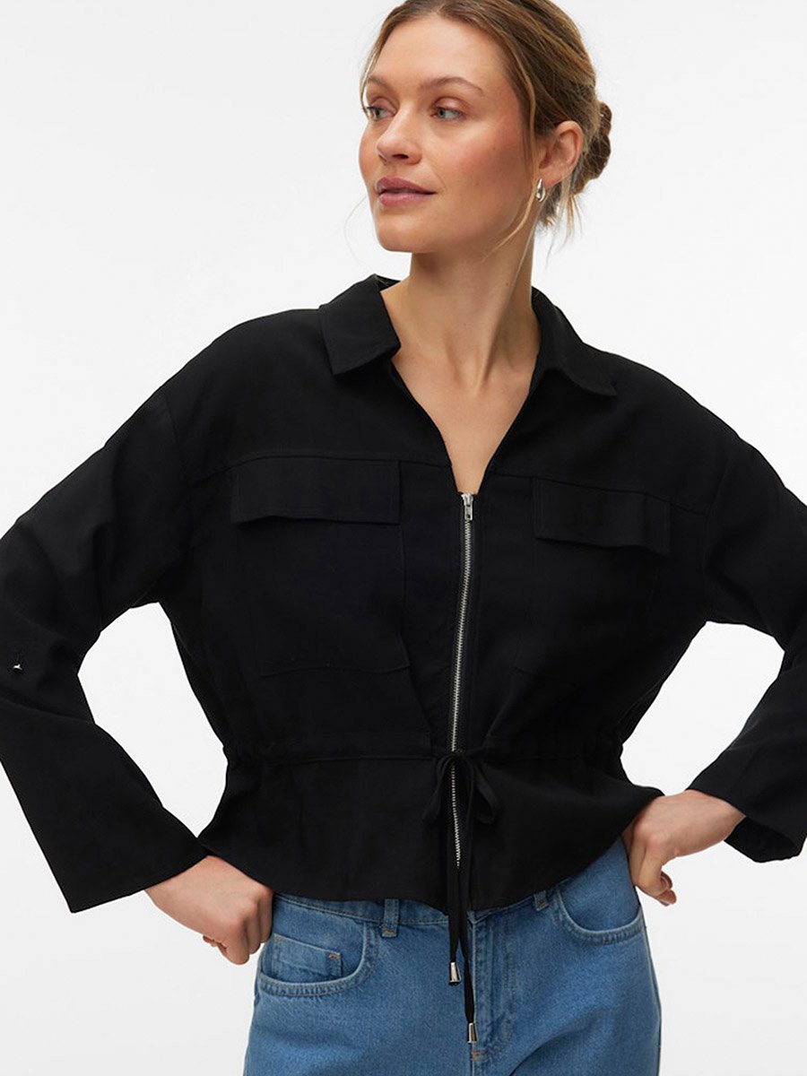 Black Katie Solid Long Sleeves Zip Up Shirt