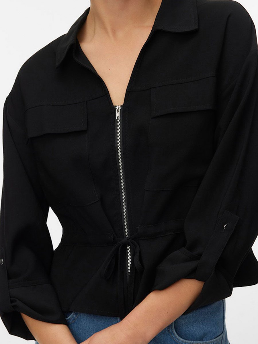 Black Katie Solid Long Sleeves Zip Up Shirt