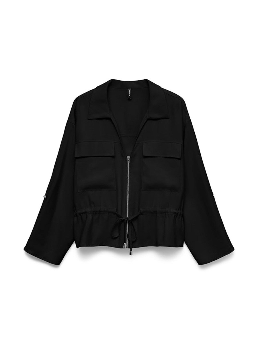 Black Katie Solid Long Sleeves Zip Up Shirt