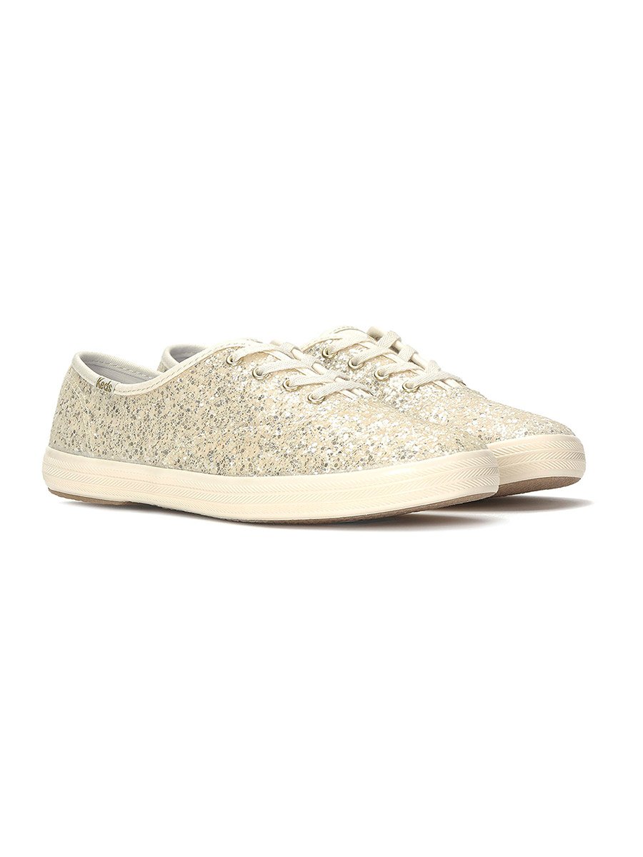 Cream Champion Lace Up Glitter Textile Sneakers