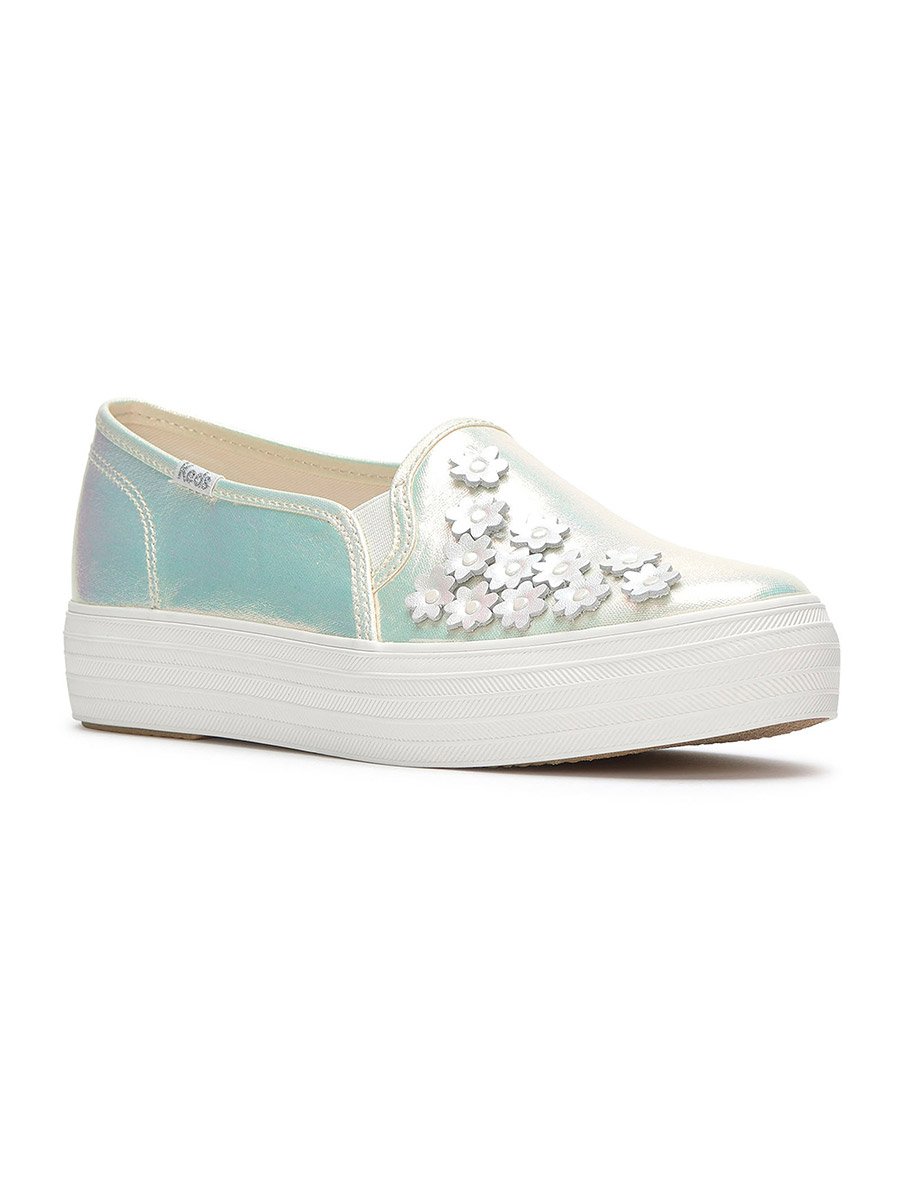 White Slip On Canvas Sneakers with Floral Detail
