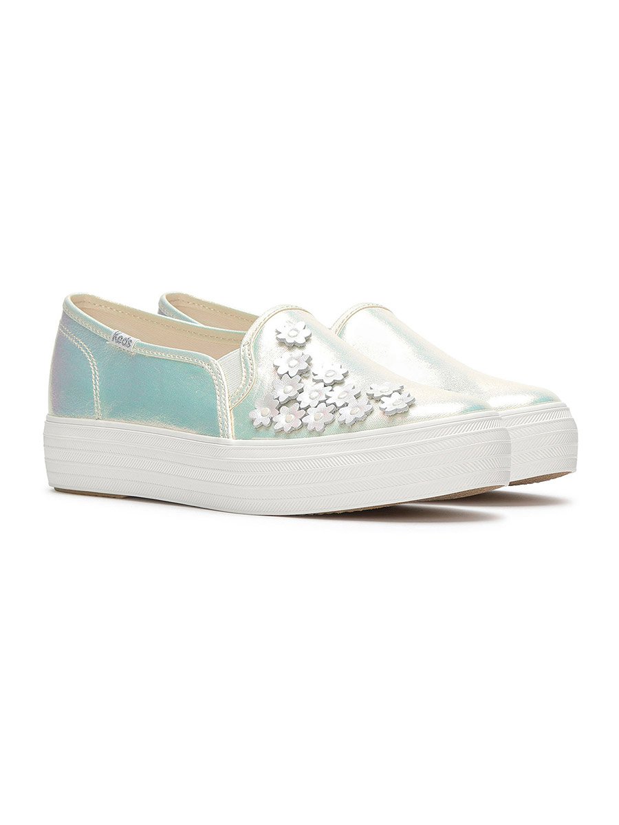 White Slip On Canvas Sneakers with Floral Detail