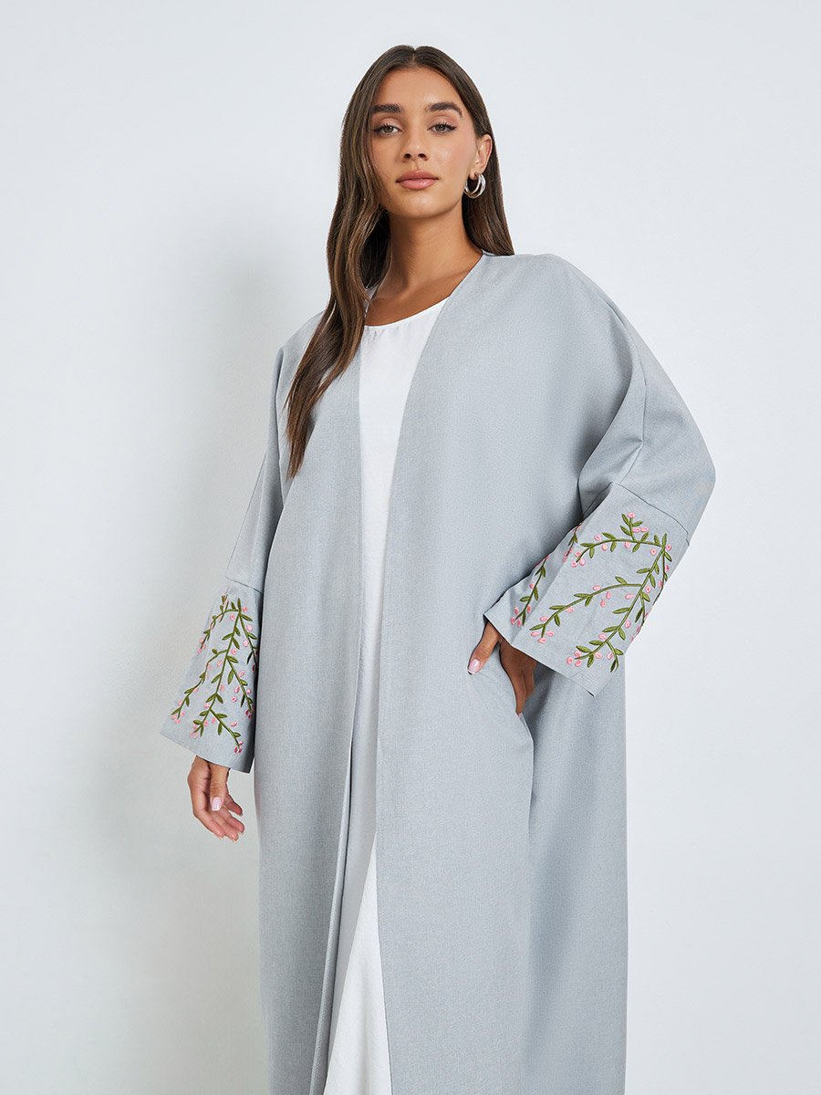 Grey Front Open Abaya with Embroidery