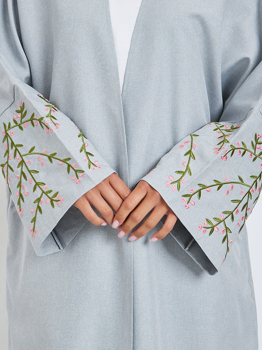 Grey Front Open Abaya with Embroidery