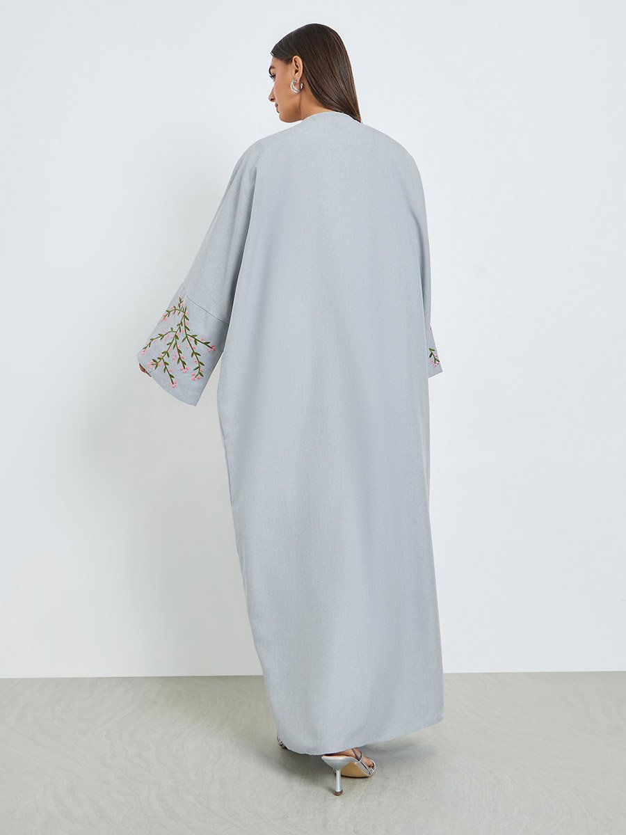 Grey Front Open Abaya with Embroidery