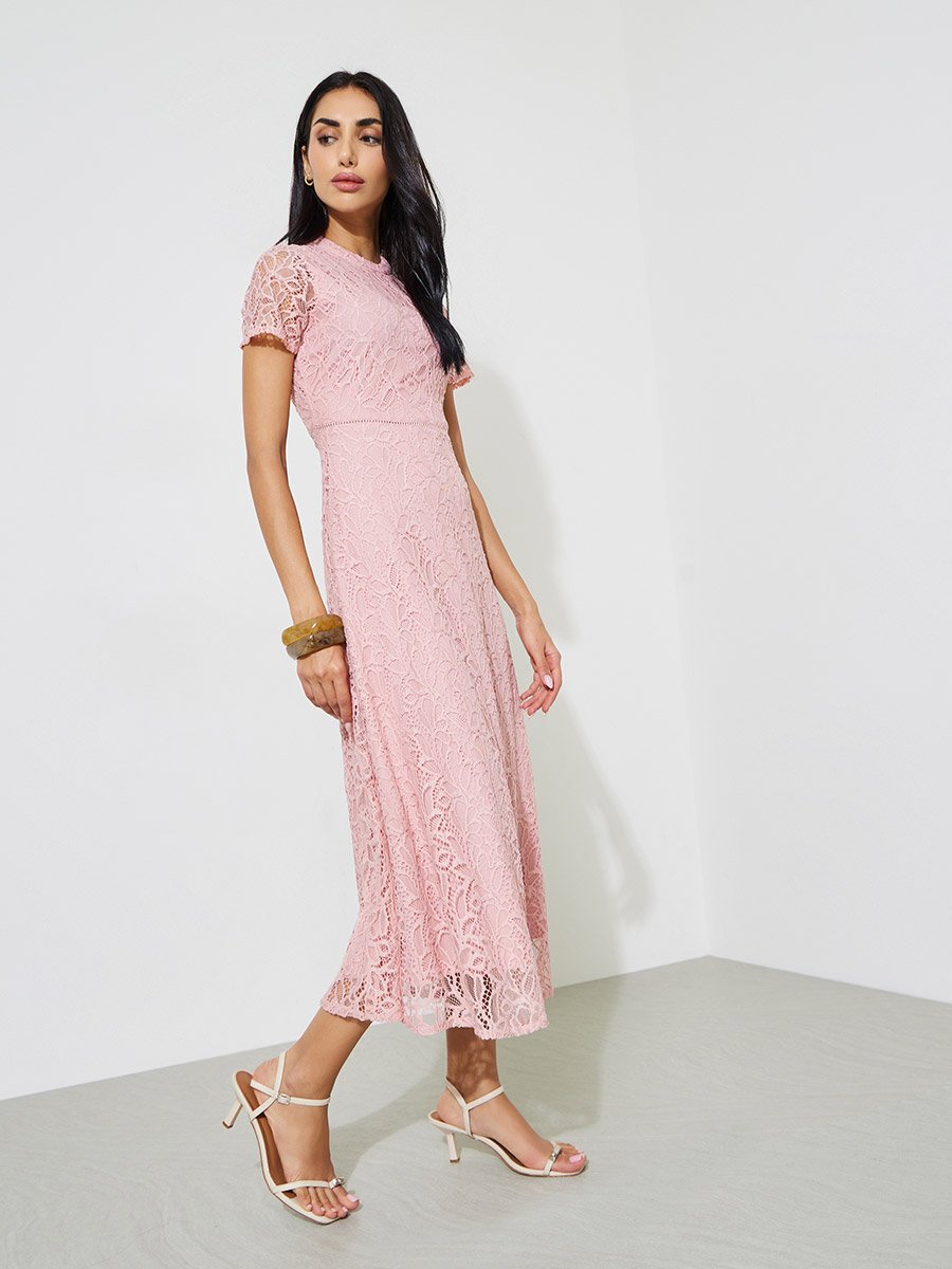 Pink Solid Short Sleeves Lace A-Line Midi Dress