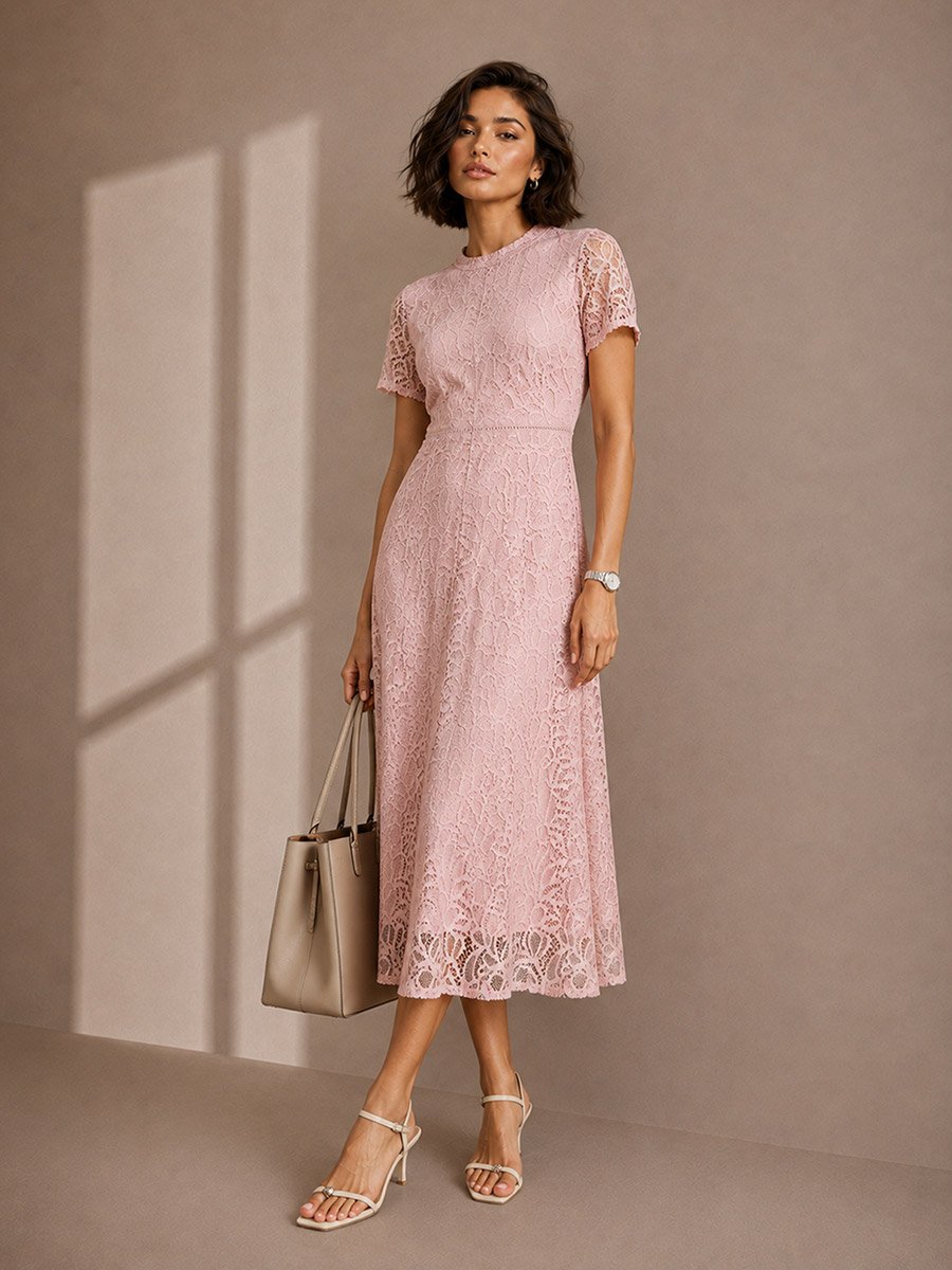 Pink Solid Short Sleeves Lace A-Line Midi Dress