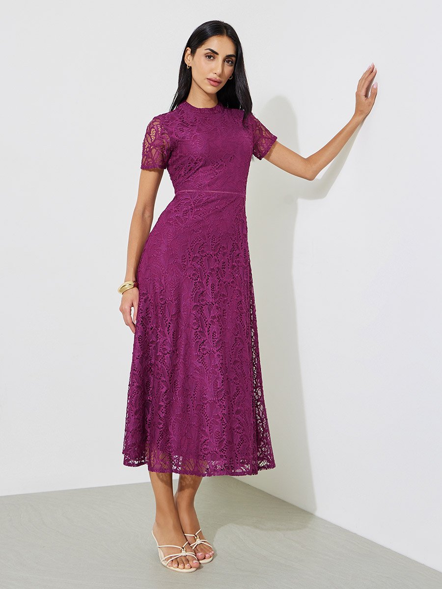 Purple Solid Short Sleeves Lace A-Line Midi Dress