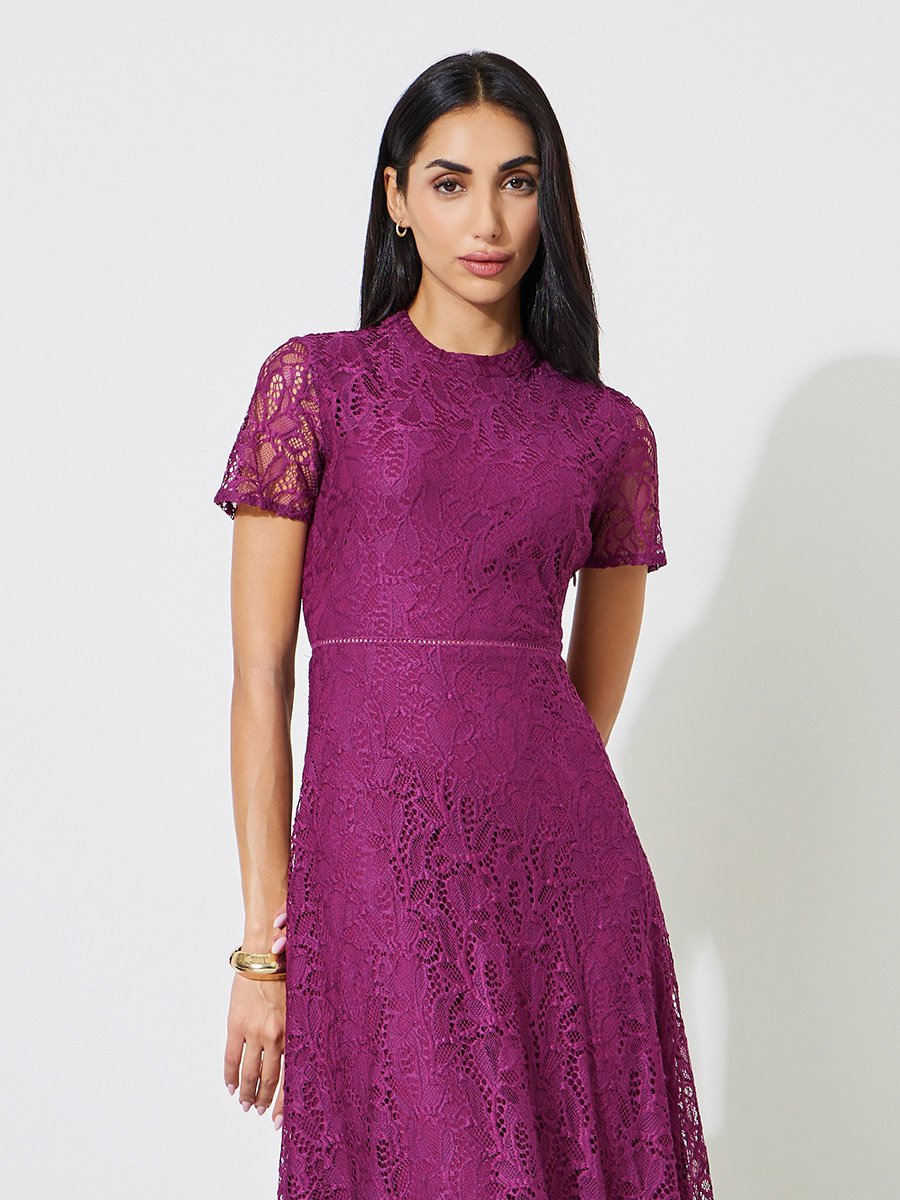 Purple Solid Short Sleeves Lace A-Line Midi Dress