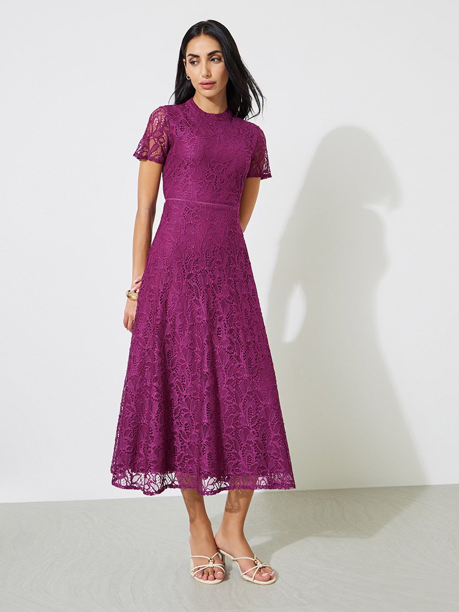 Purple Solid Short Sleeves Lace A-Line Midi Dress