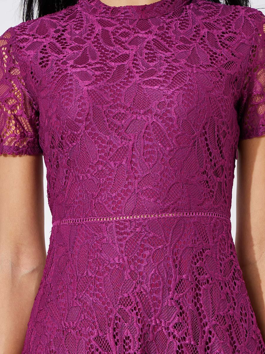 Purple Solid Short Sleeves Lace A-Line Midi Dress