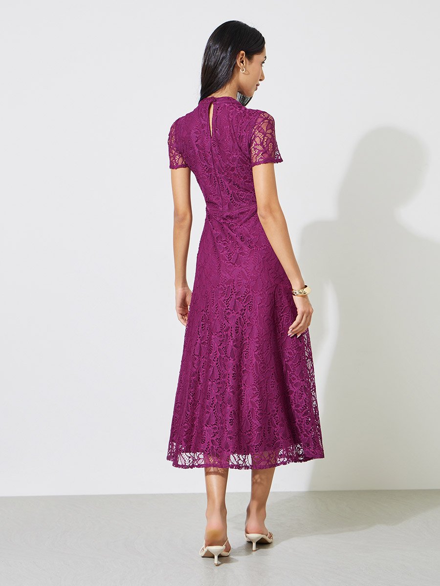 Purple Solid Short Sleeves Lace A-Line Midi Dress