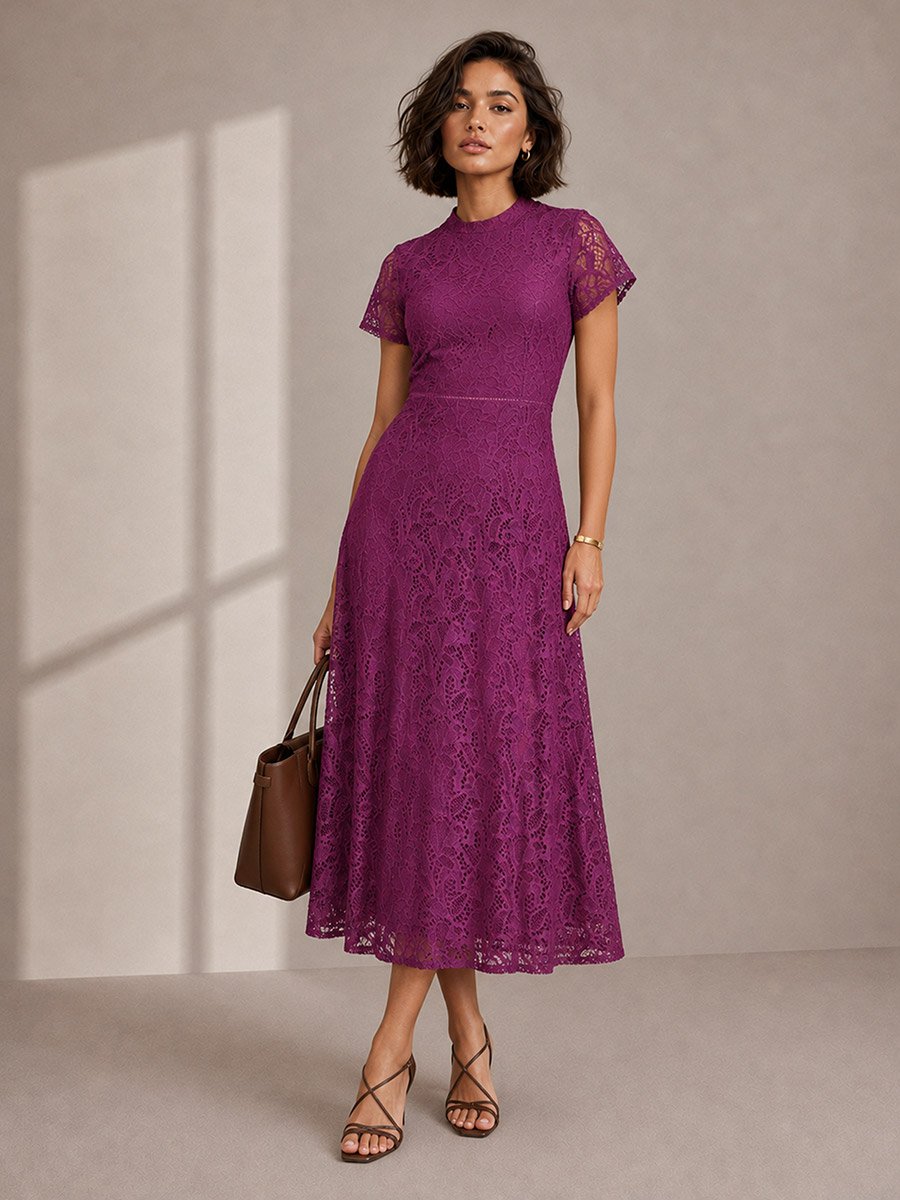 Purple Solid Short Sleeves Lace A-Line Midi Dress