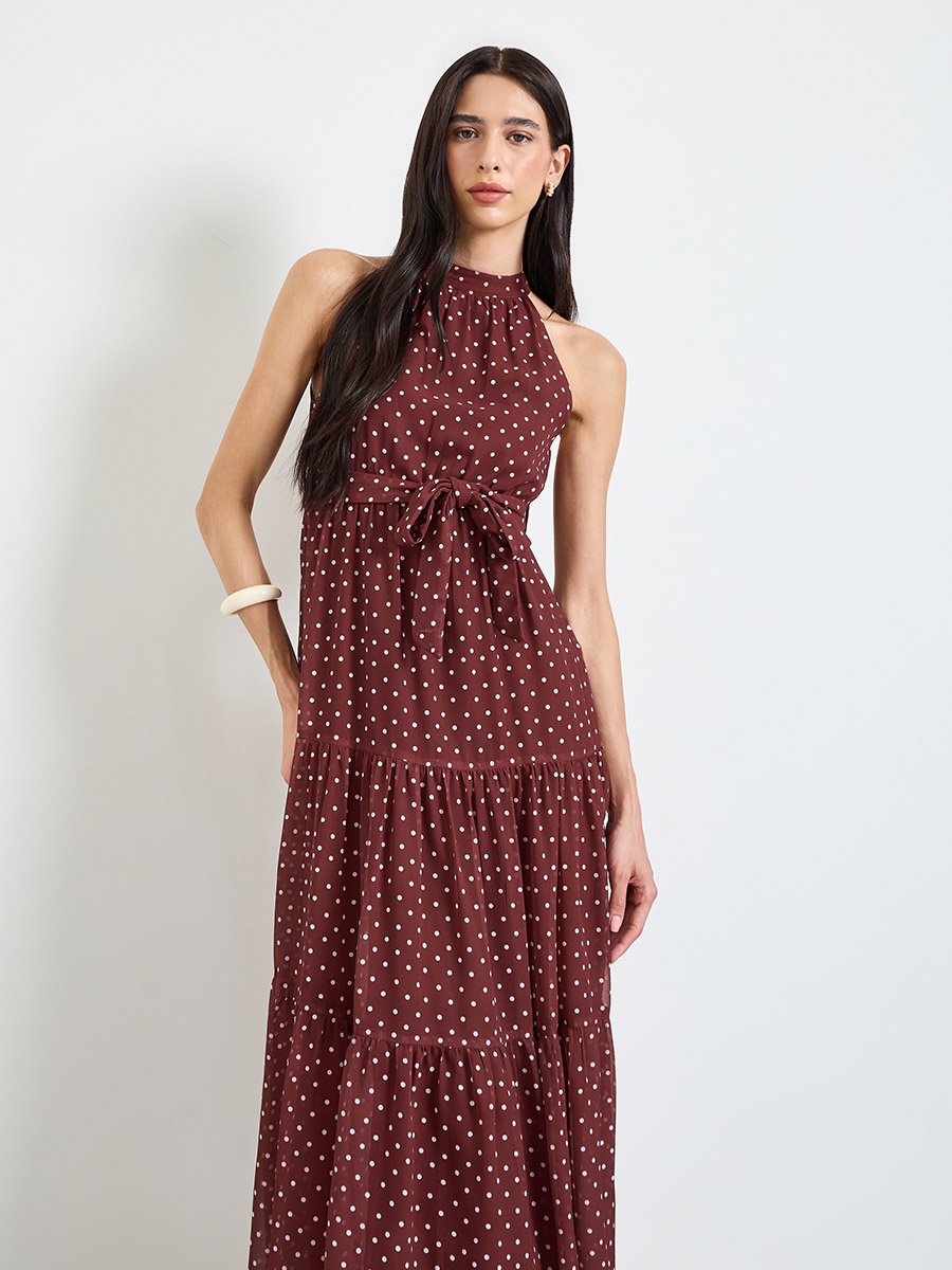 Brown Polka Dot Tiered Maxi Dress