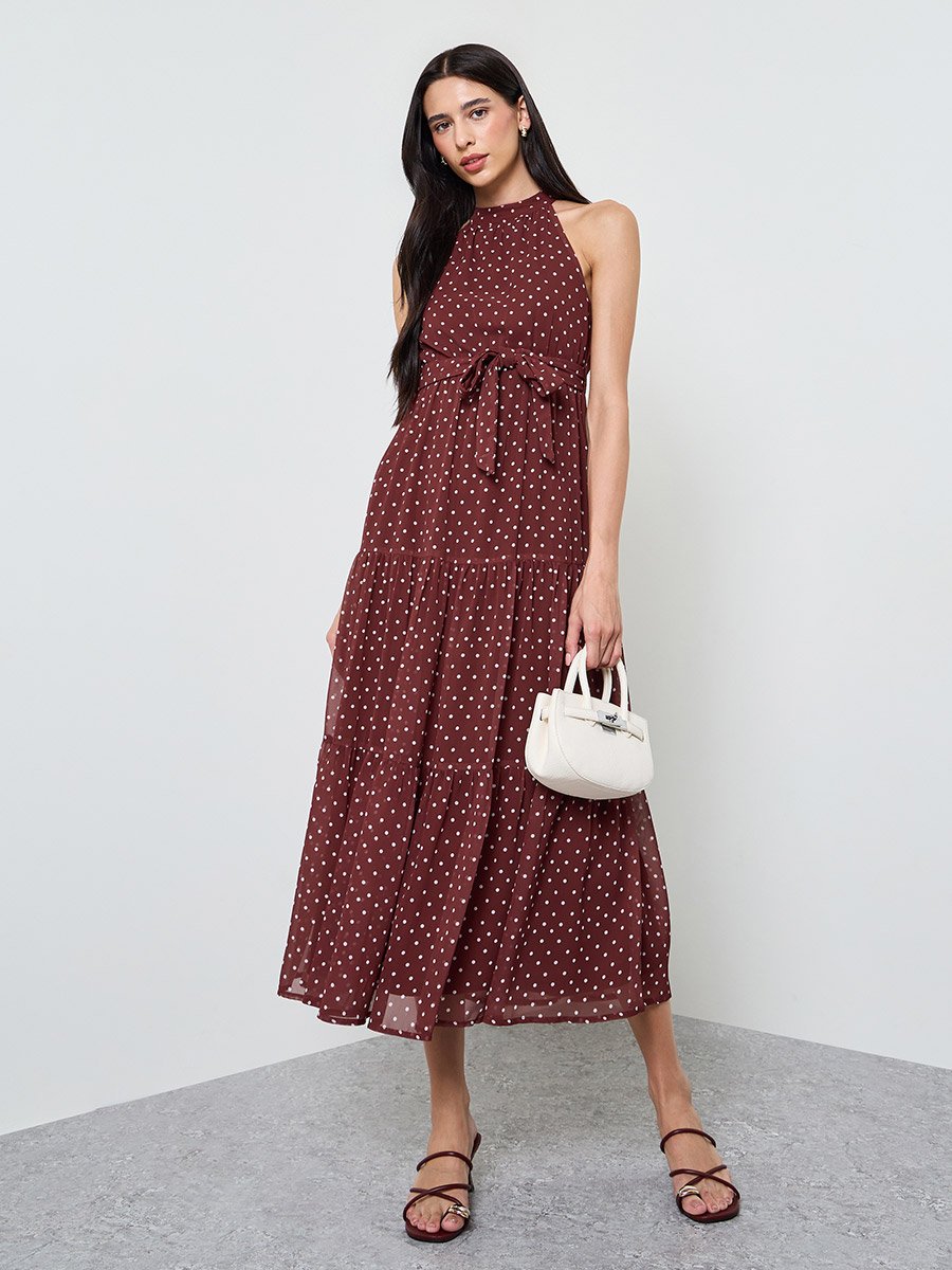Brown Polka Dot Tiered Maxi Dress