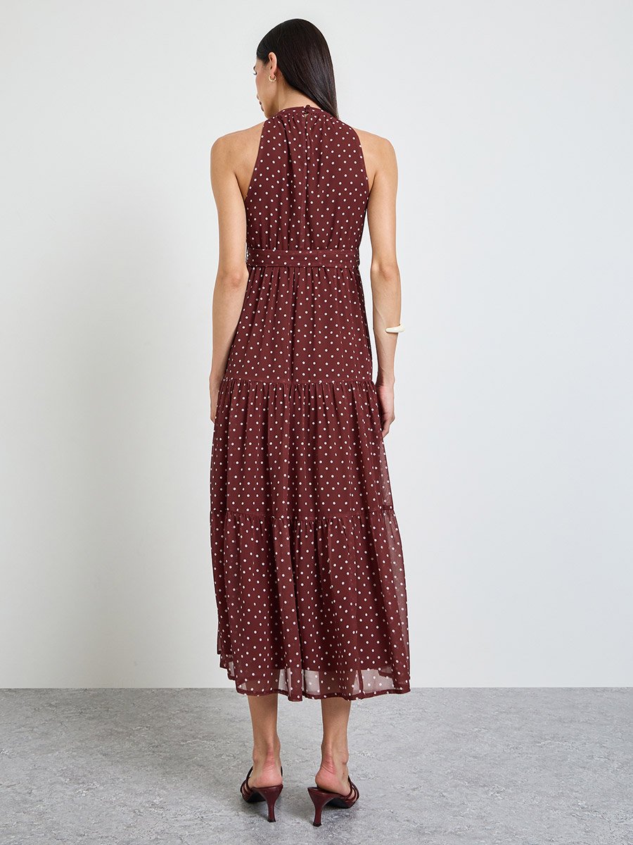 Brown Polka Dot Tiered Maxi Dress