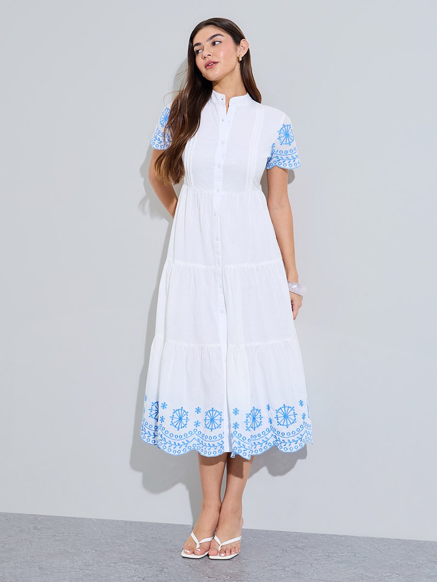 White Embroidered Cotton Tiered Midi Dress