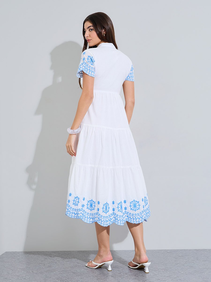 White Embroidered Cotton Tiered Midi Dress