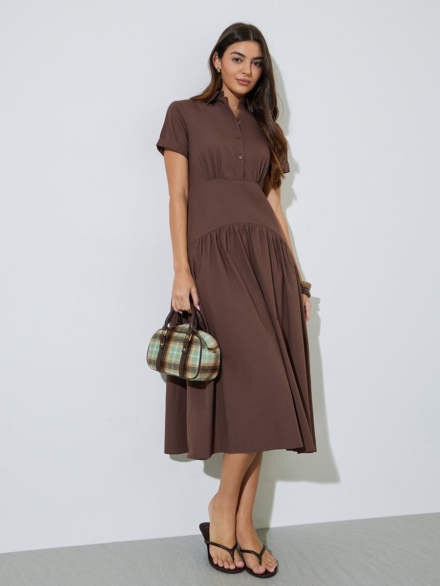 Brown Solid Short Sleeve Shirt Midi Dress
