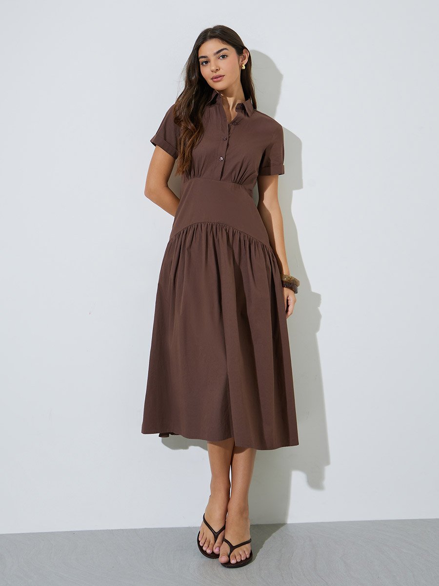 Brown Solid Short Sleeve Shirt Midi Dress