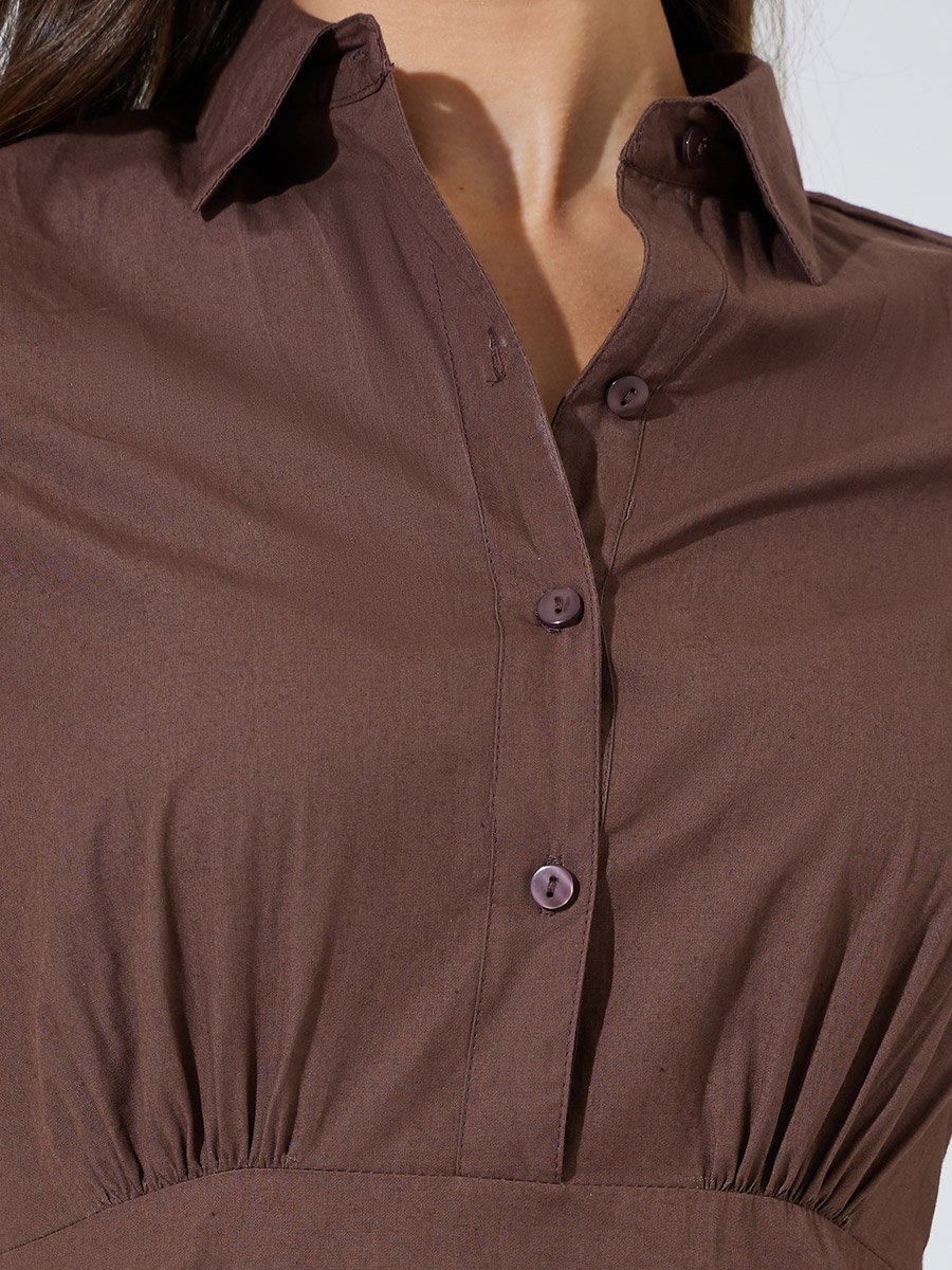 Brown Solid Short Sleeve Shirt Midi Dress