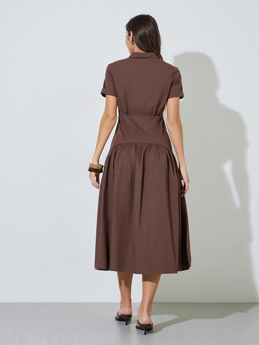 Brown Solid Short Sleeve Shirt Midi Dress