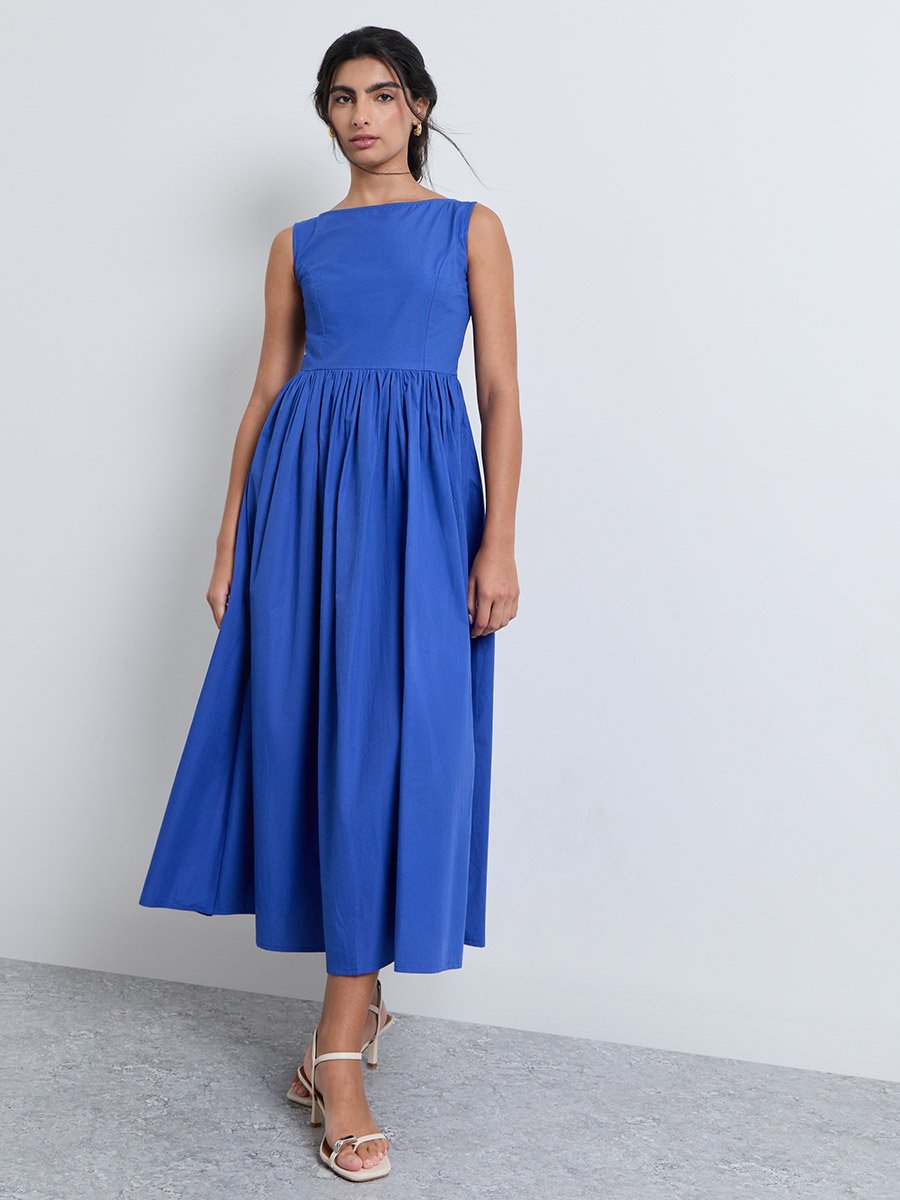Blue Boat Neck Sleeveless A-Line Maxi Dress