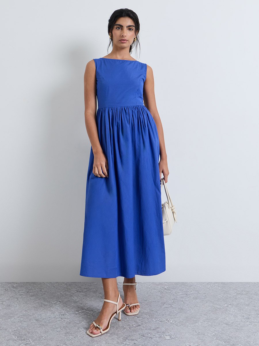 Blue Boat Neck Sleeveless A-Line Maxi Dress