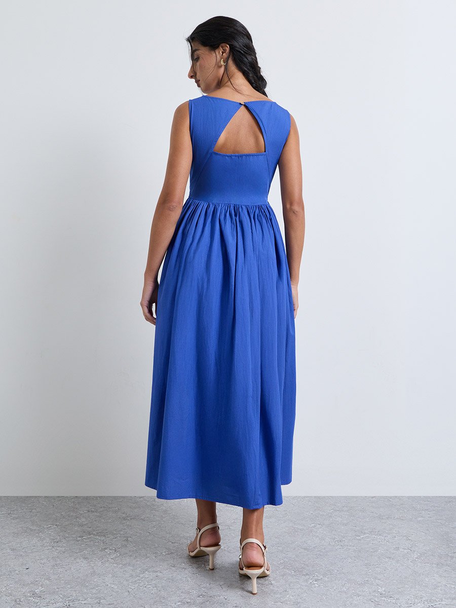 Blue Boat Neck Sleeveless A-Line Maxi Dress