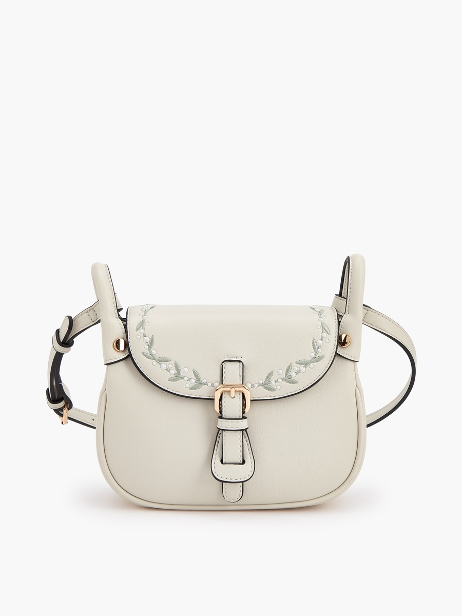 Embroidered Flap Crossbody Bag with Button Closure