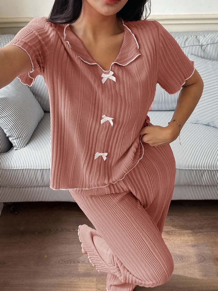 Dark Pink Contrast Trims Bow Details Shirt and Pants Pyjama Set