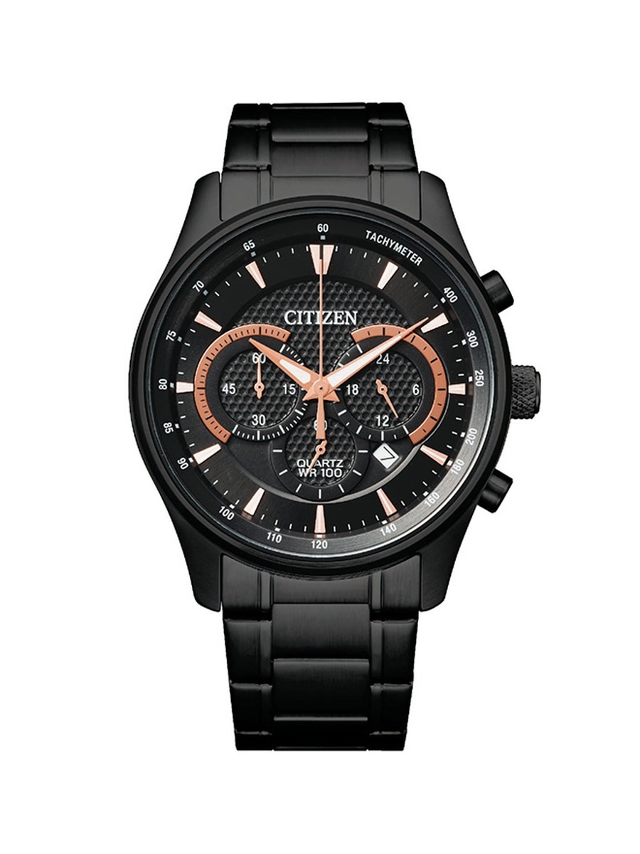 Chronograph Men Quartz Movement Watch, Analog Display and Stainless Steel Black Ion Plating Strap - AN8195-58E