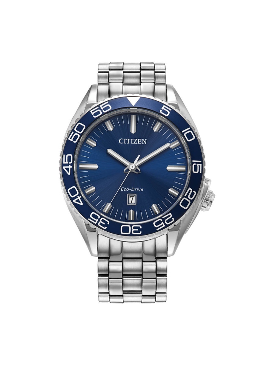 Men Eco-Drive Light Powered Movement Analog Display Watch with Stainless Steel Strap - AW1770-53L, Silver