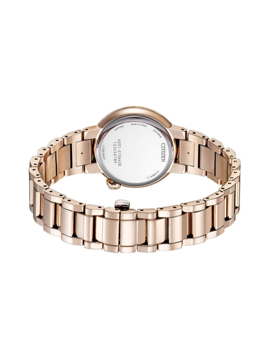 L Women Eco-Drive Light Powered Movement Watch, Analog Display and Stainless Steel Sakura Pink Plating Strap - EM0912-84Y, Rose Gold